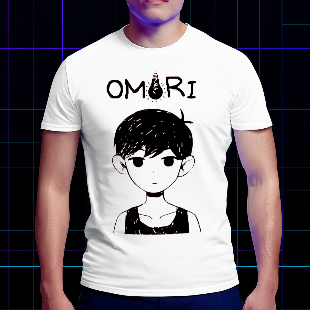 A model wearing the classic Omori logo T-shirt to show the unisex fit. Omori fan merchandise, game-themed clothing