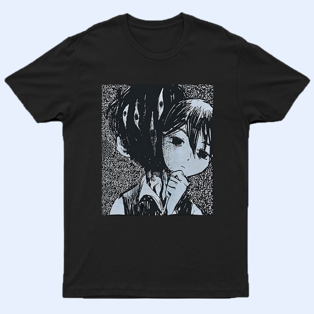 Front view of the Omori T-shirt, featuring the character Omori taking off his face mask. Omori shirt, psychological fan wear