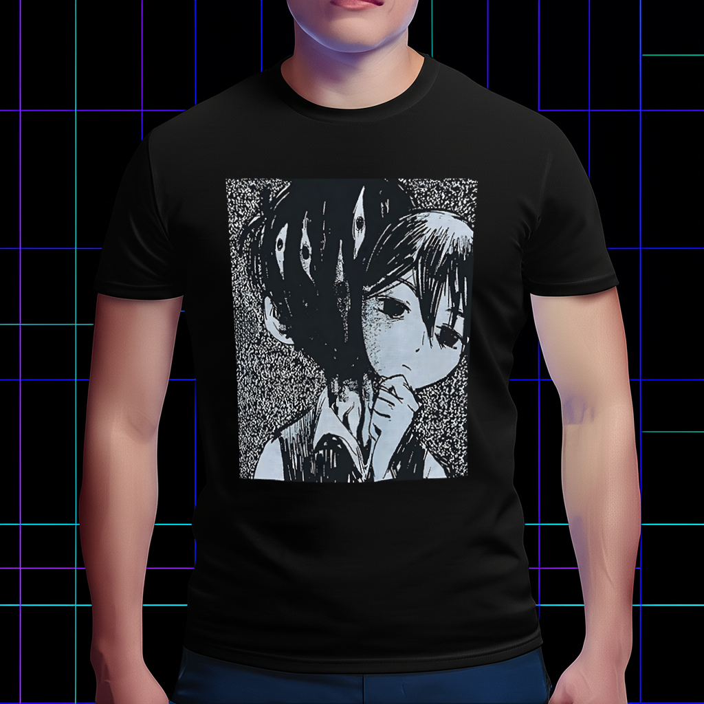 A model wearing the Omori T-shirt in a lifestyle setting, showing the comfortable fit. Omori Merch, game-themed clothing