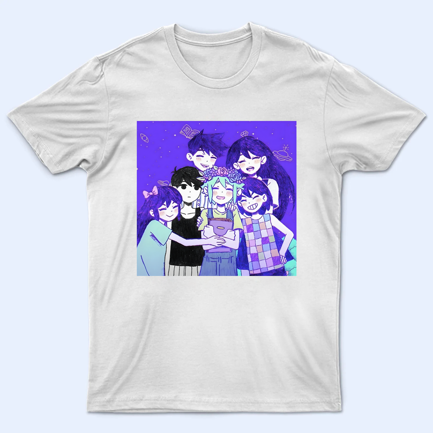 Front view of the Omori T-shirt, featuring the nostalgic portrait of the main six friends. Omori shirt, Faraway Town friends.