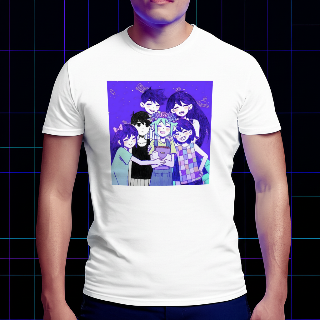 A model wearing the Omori Friends Group T-shirt, showing the comfortable fit. Omori Merch, friend group photo apparel.