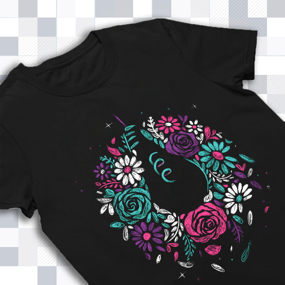 Close-up shot of the Omori shirt's flower crown print, highlighting the vibrant colors and delicate lines. Omori apparel, floral game art