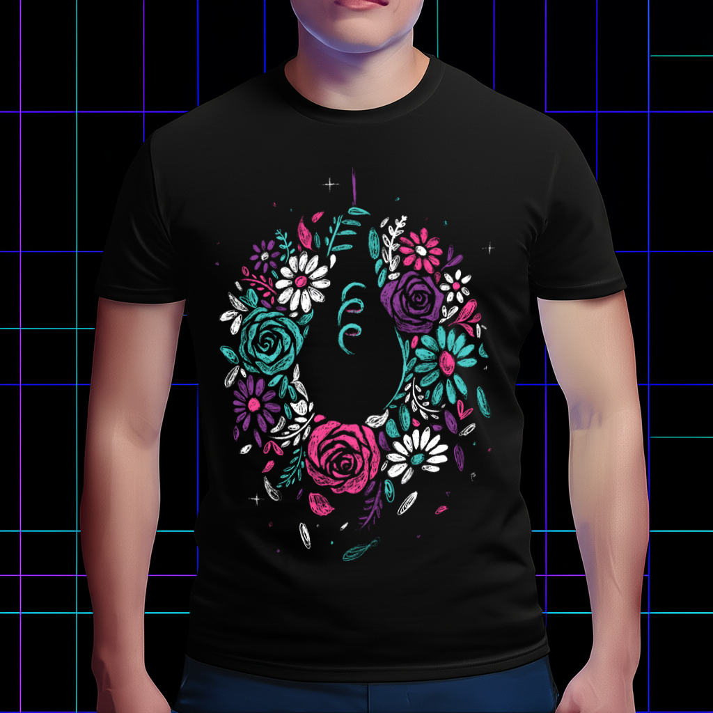 A model wearing the Omori flower crown T-shirt, showing how the apparel fits. Basil fan tribute, game-themed clothing