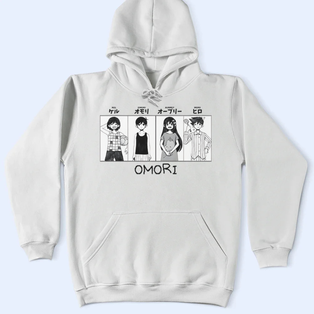 White hoodie with Omori characters design and 'OMORI' text on a light blue background
