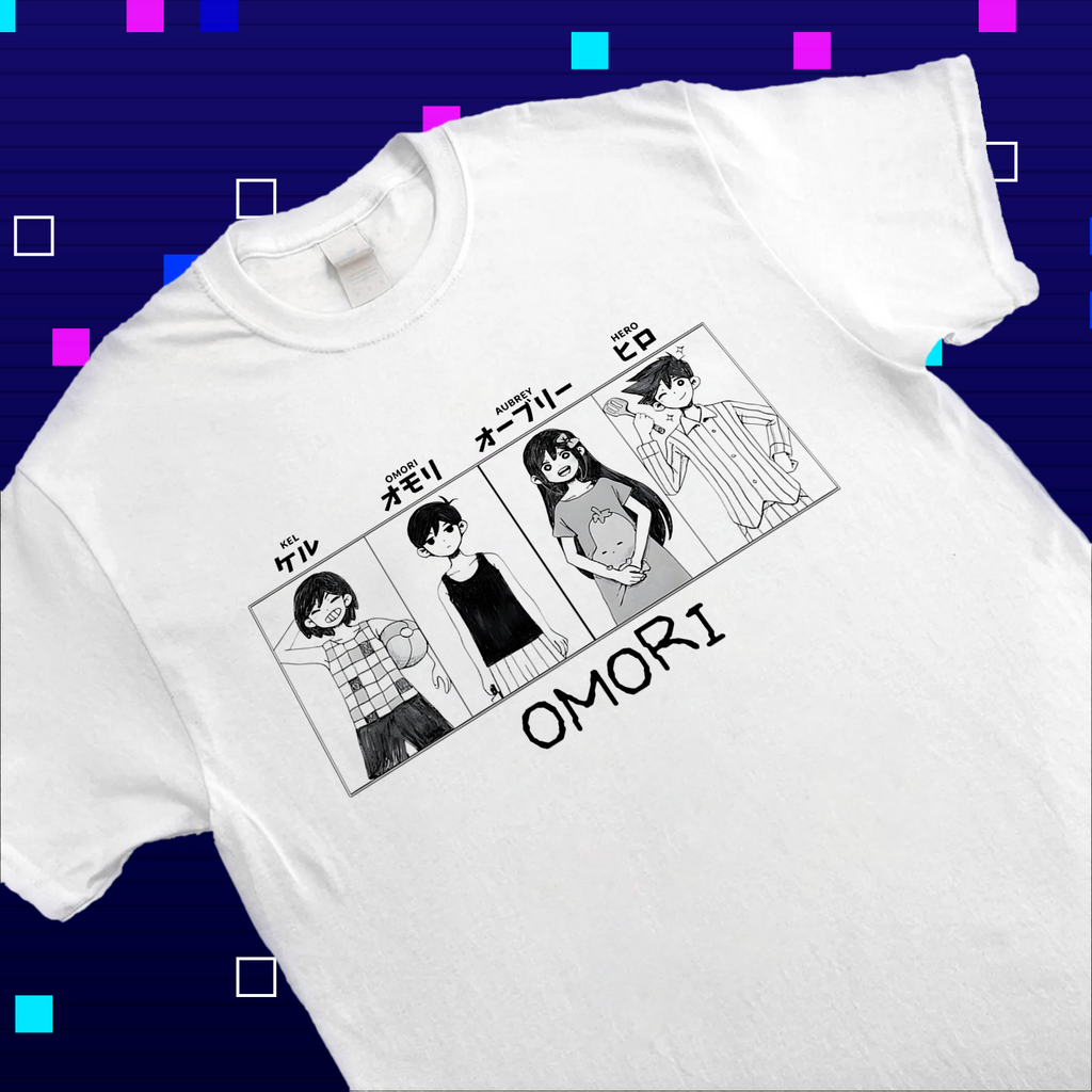 Close-up shot of the Omori shirt's graphic, highlighting the detailed illustrations of Aubrey, Kel, and Hero. Omori apparel, fan art tee