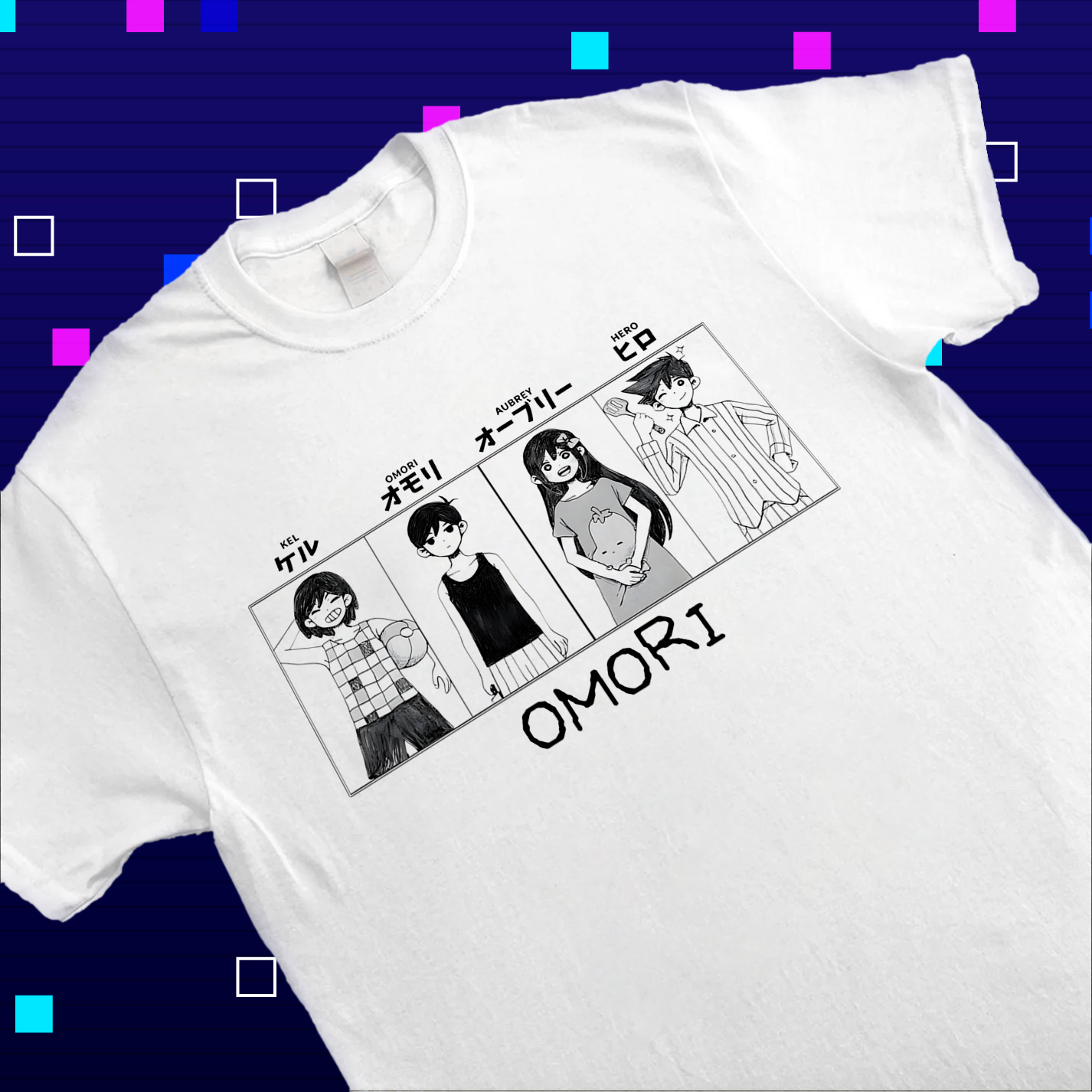 Close-up shot of the Omori shirt's graphic, highlighting the detailed illustrations of Aubrey, Kel, and Hero. Omori apparel, fan art tee