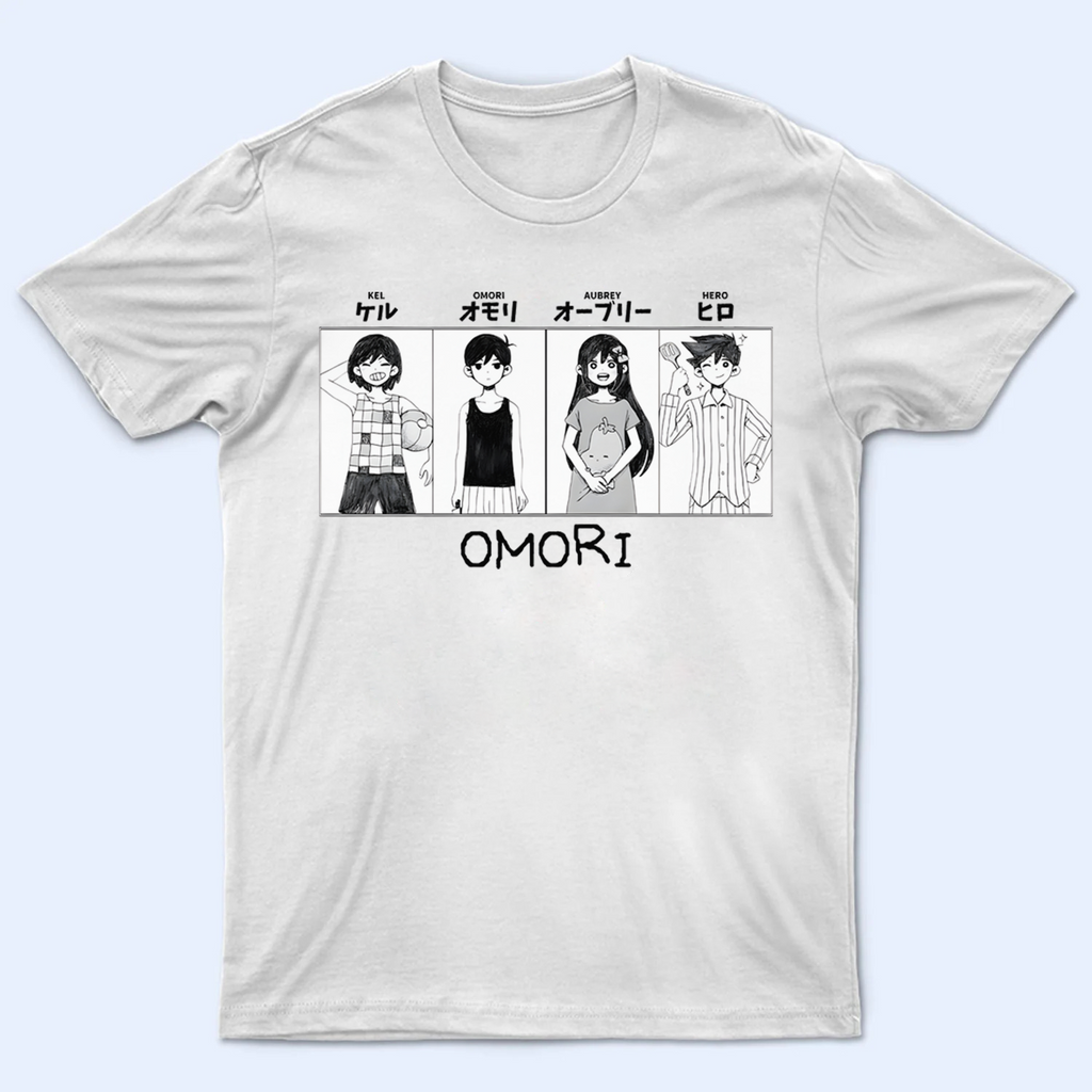 Front view of the Omori friend group T-shirt, featuring Omori, Aubrey, Kel, and Hero together. Omori shirt, main characters