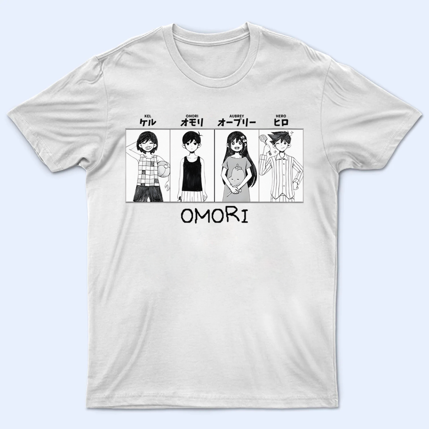 Front view of the Omori friend group T-shirt, featuring Omori, Aubrey, Kel, and Hero together. Omori shirt, main characters