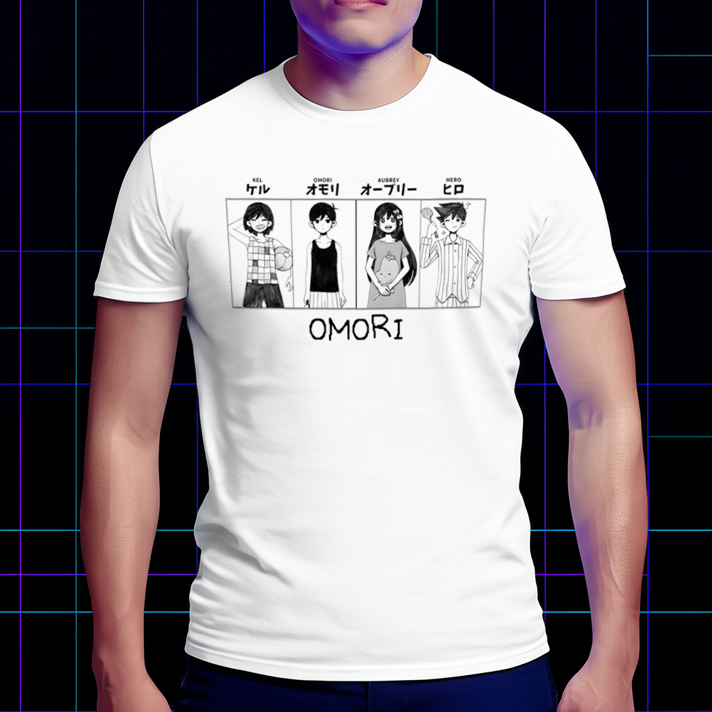 A model wearing the Omori friend group T-shirt, showing the comfortable and classic unisex fit. Game-themed clothing, friend group fan wear
