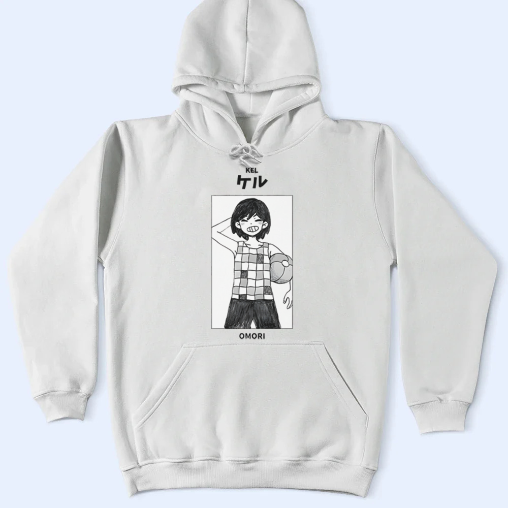 Beige hoodie with a graphic of Kel character and text on a light blue background