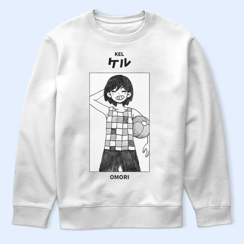 White sweatshirt with a graphic of Kel character and text on a light blue background