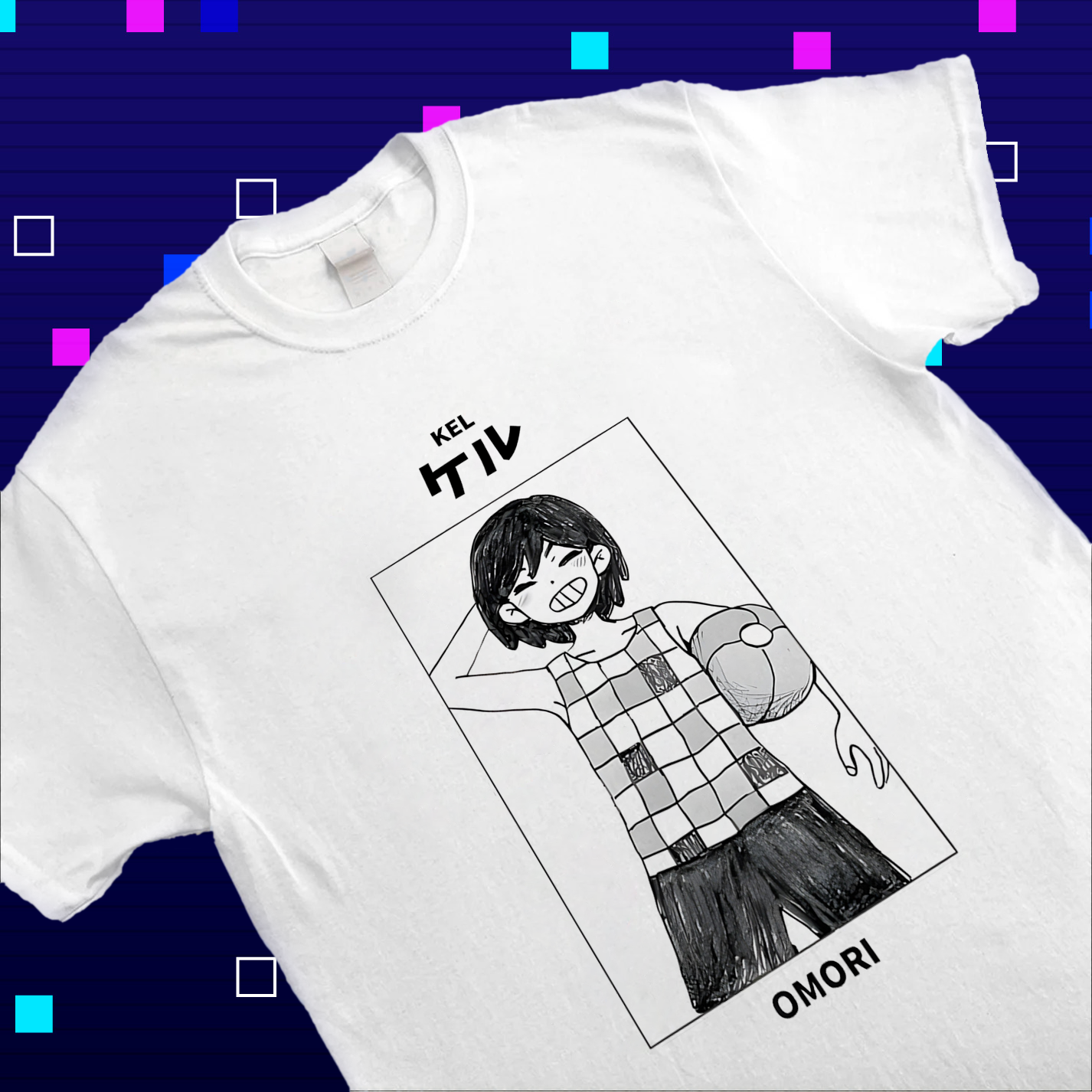 Close-up of the print on the Omori shirt, highlighting the details of Kel's design and his energetic pose. Omori apparel, Kel fan art