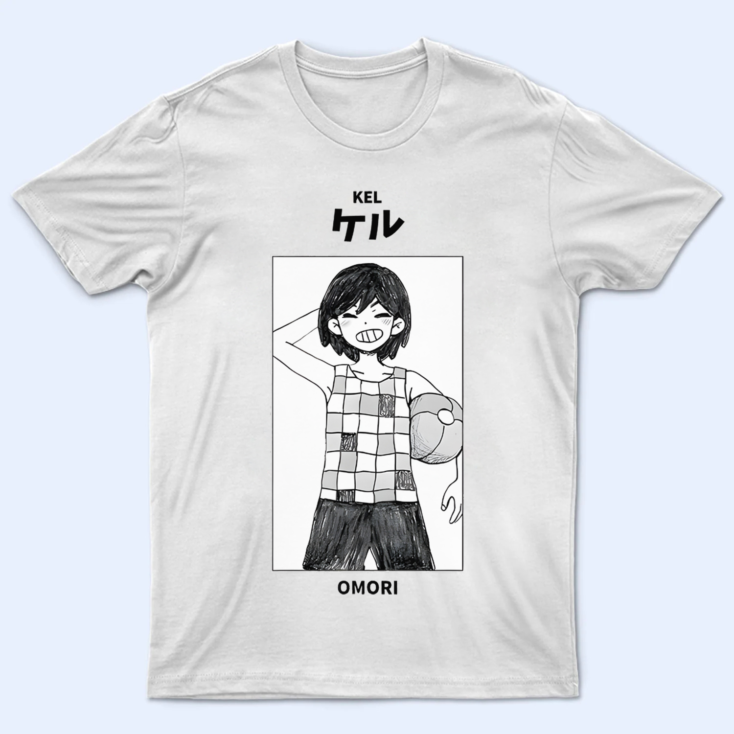 Front view of the Omori T-shirt, featuring the character Kel with his basketball. Omori shirt, Kel character art.
