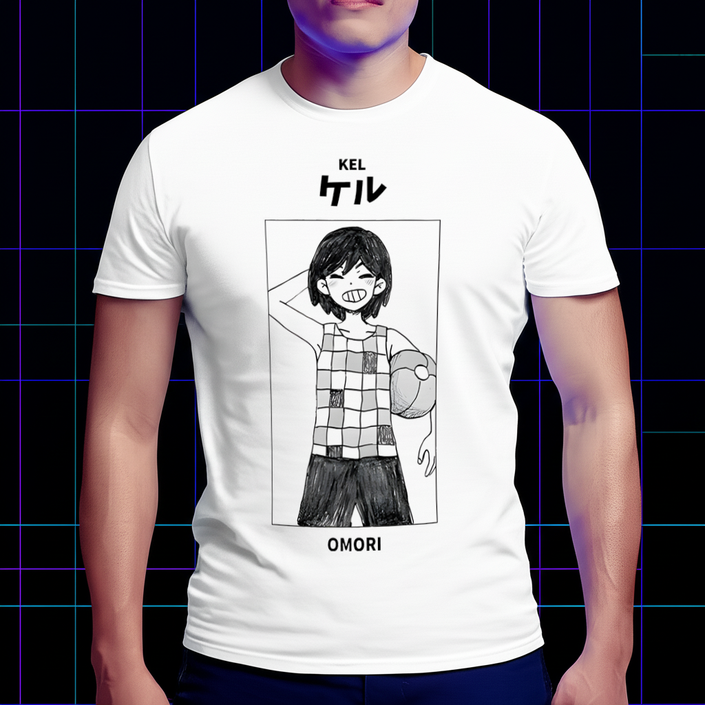 A model wearing the Omori Kel T-shirt in a lifestyle setting, showing the comfortable fit. Game-themed clothing, tribute fan wear