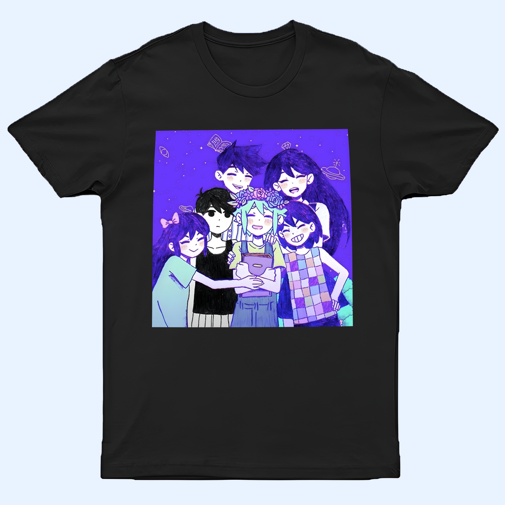 Front view of the Omori T-shirt, featuring the main six characters: Omori, Kel, Aubrey, Hero, Basil, and Mari. Omori shirt, full cast fan apparel.