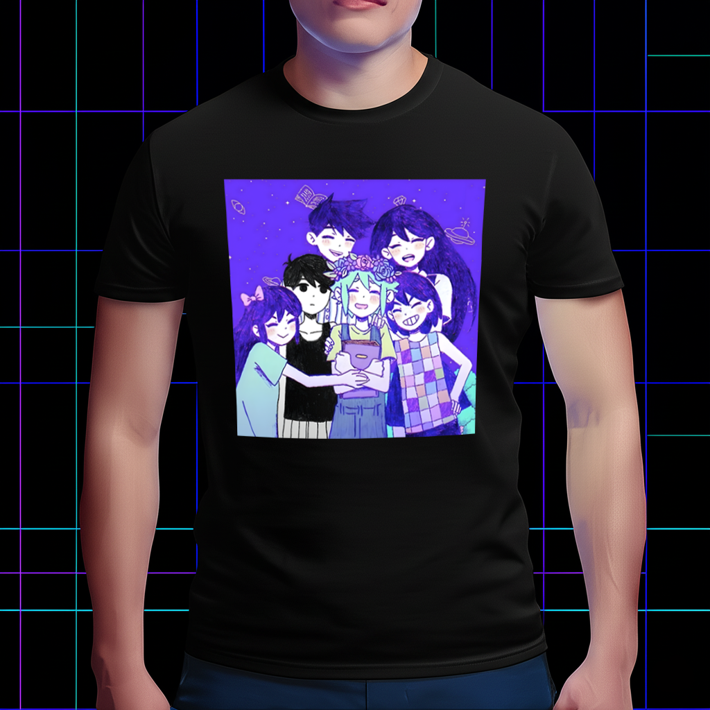 A model wearing the Omori Main Six T-shirt in a lifestyle setting, showing the comfortable fit. Omori RPG party shirt.