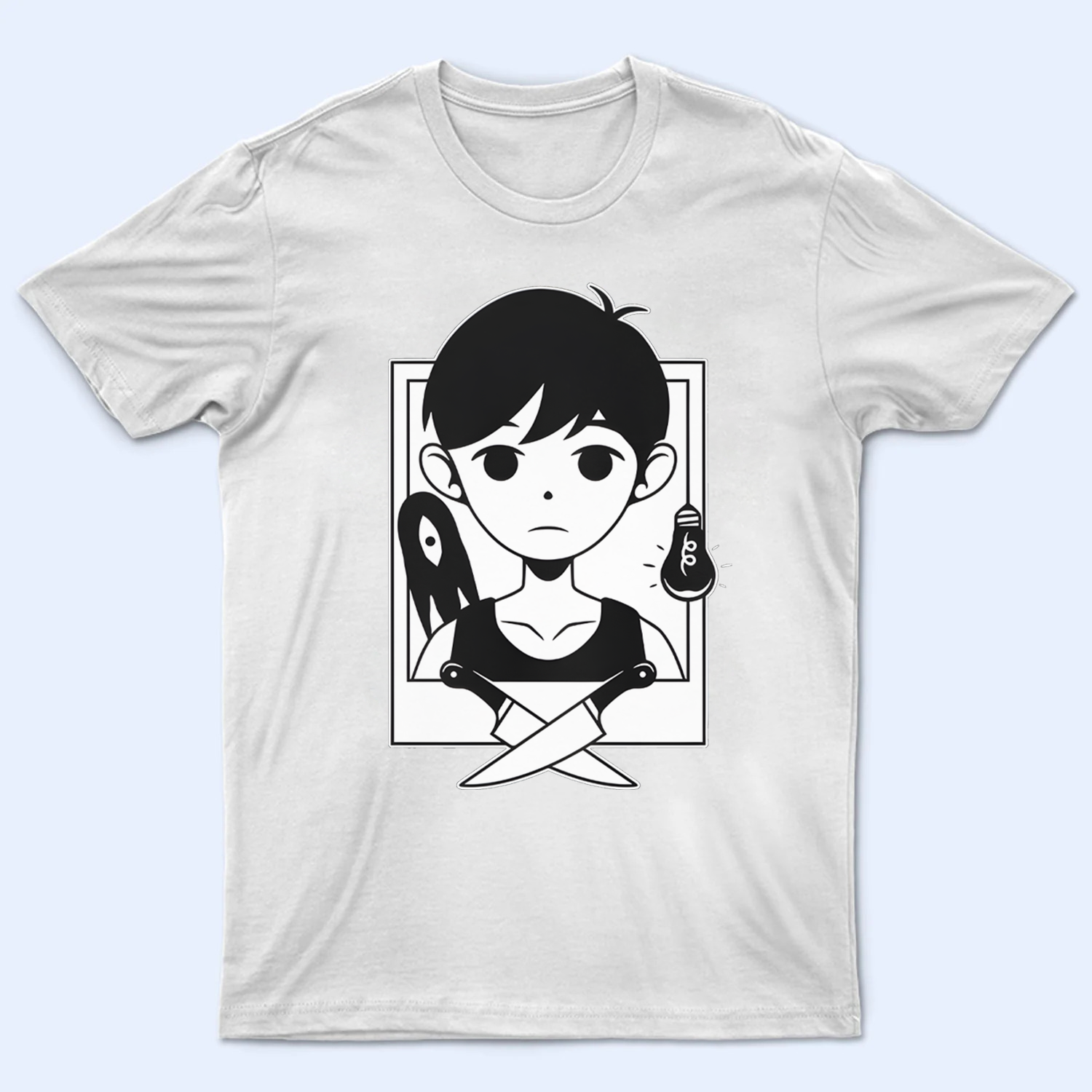 Front view of the Omori T-shirt, featuring a monochrome portrait of the main character Omori. Omori shirt, black and white fan art