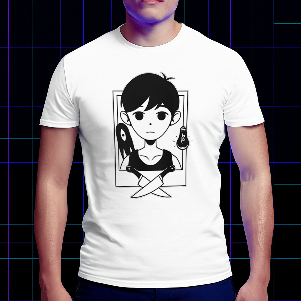 A model wearing the Omori monochrome portrait T-shirt in a lifestyle setting, showing the comfortable fit. Game-themed clothing, tribute fan wear