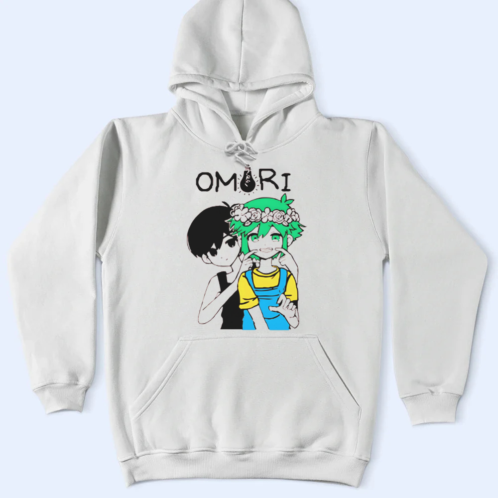 White hoodie with Omori and Basil design and 'OMARI' text on a light blue background