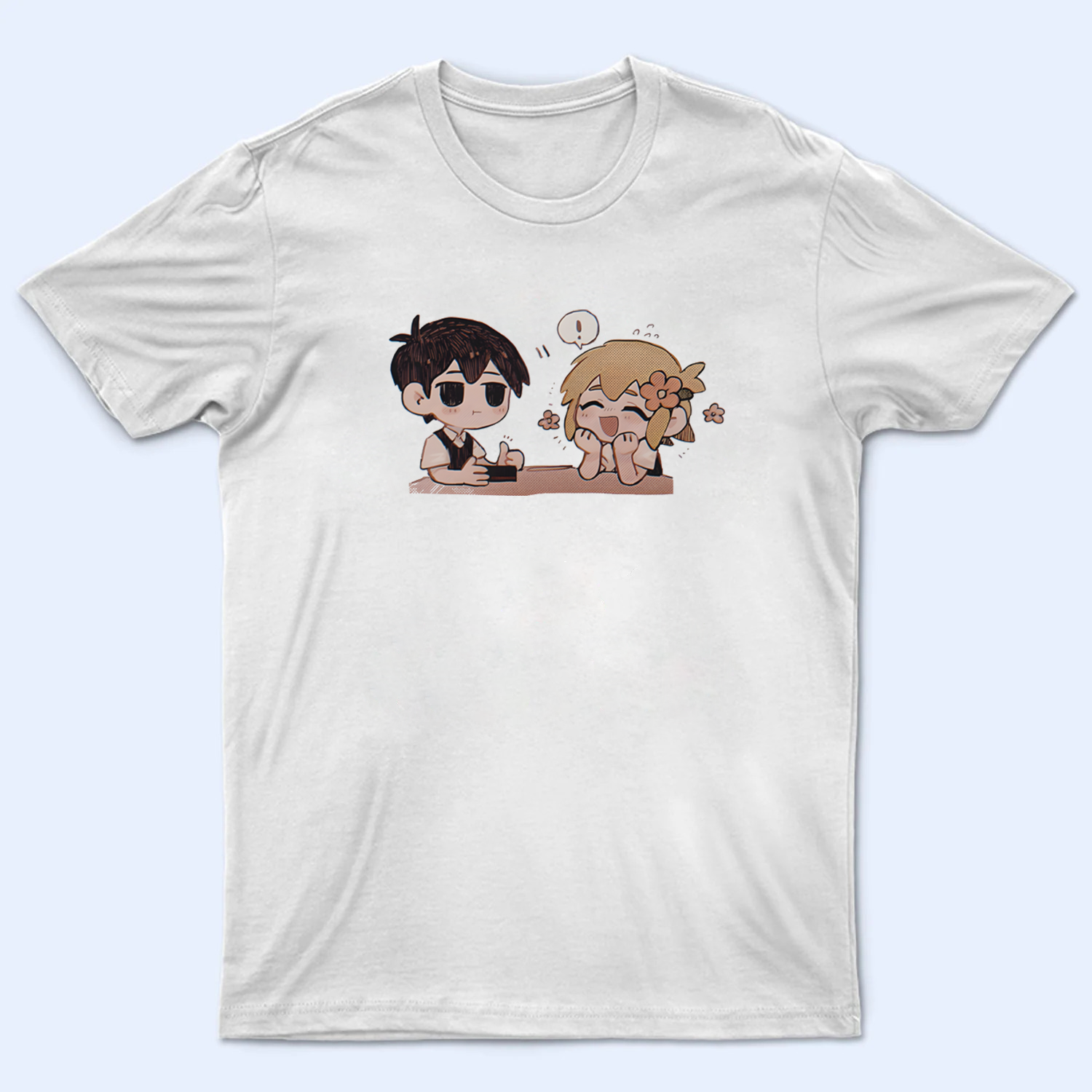Front view of the Omori T-shirt, featuring the characters Omori and Basil. Omori shirt, Omori and Basil fan art