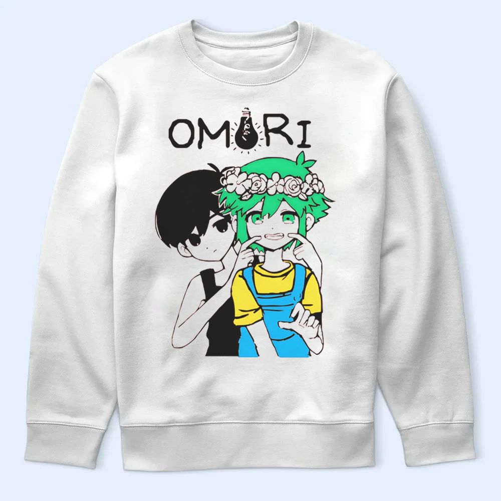 White sweatshirt with Omori, Basil and 'OMORI' text on a light blue background