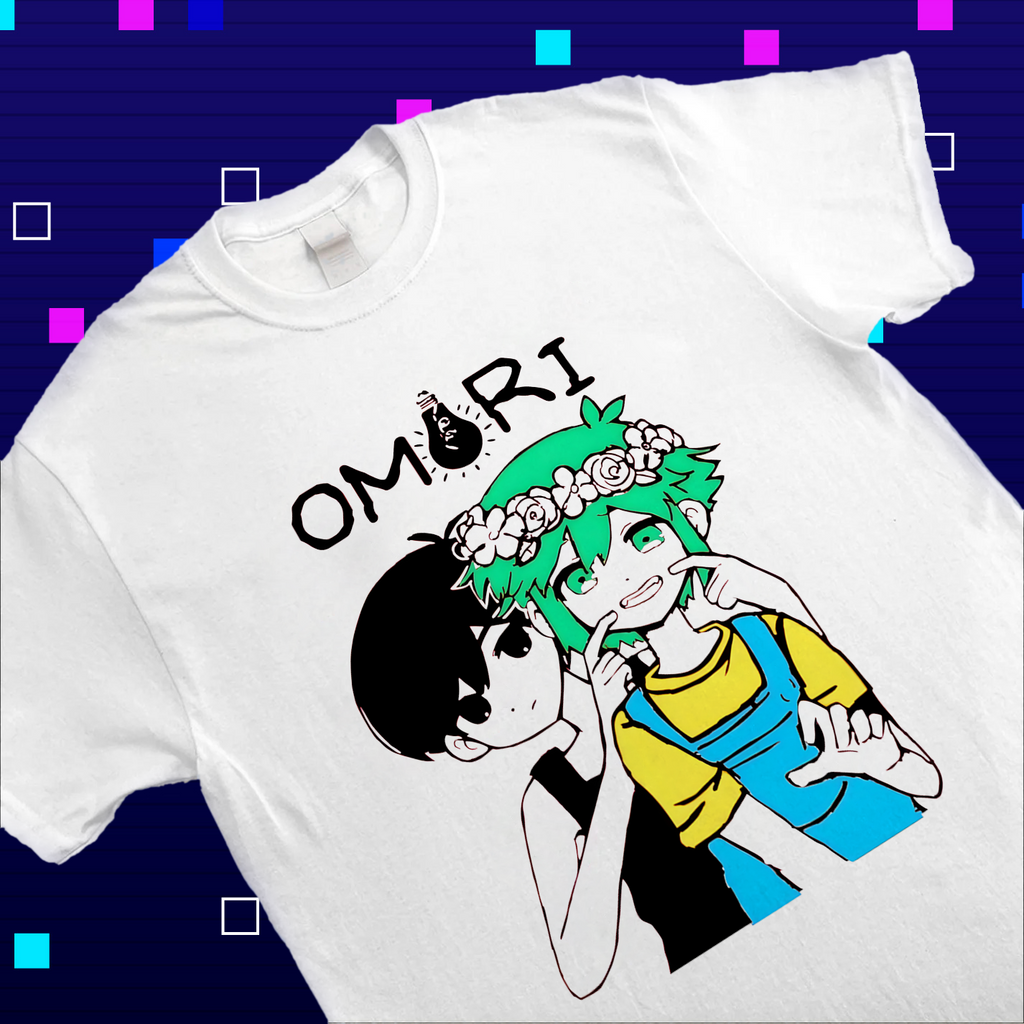 Close-up of the print on the Omori shirt, highlighting the details of Omori and Basil's design. Omori apparel, friendship fan art