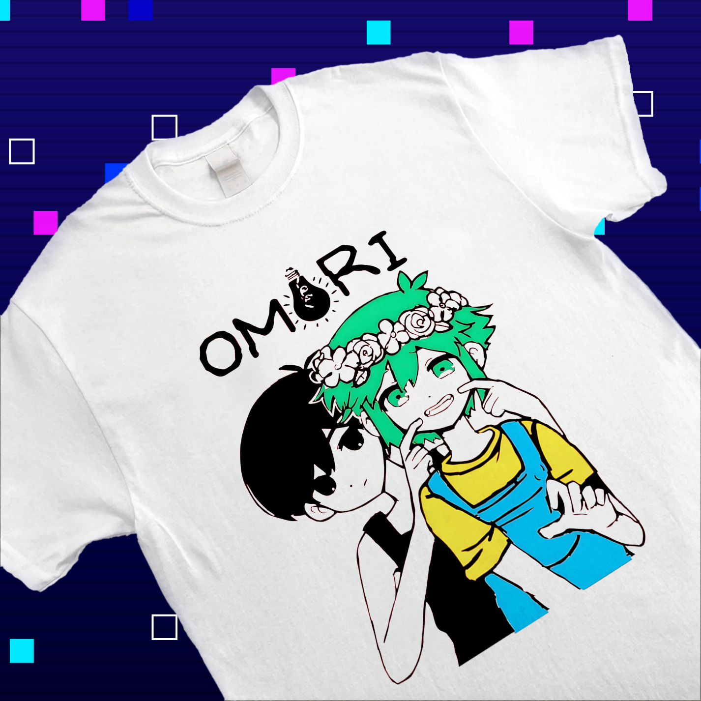 Close-up of the print on the Omori shirt, highlighting the details of Omori and Basil's design. Omori apparel, friendship fan art