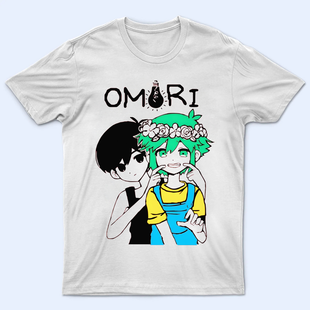 Front view of the Omori T-shirt, featuring the characters Omori and Basil. Omori shirt, Omori and Basil fan art