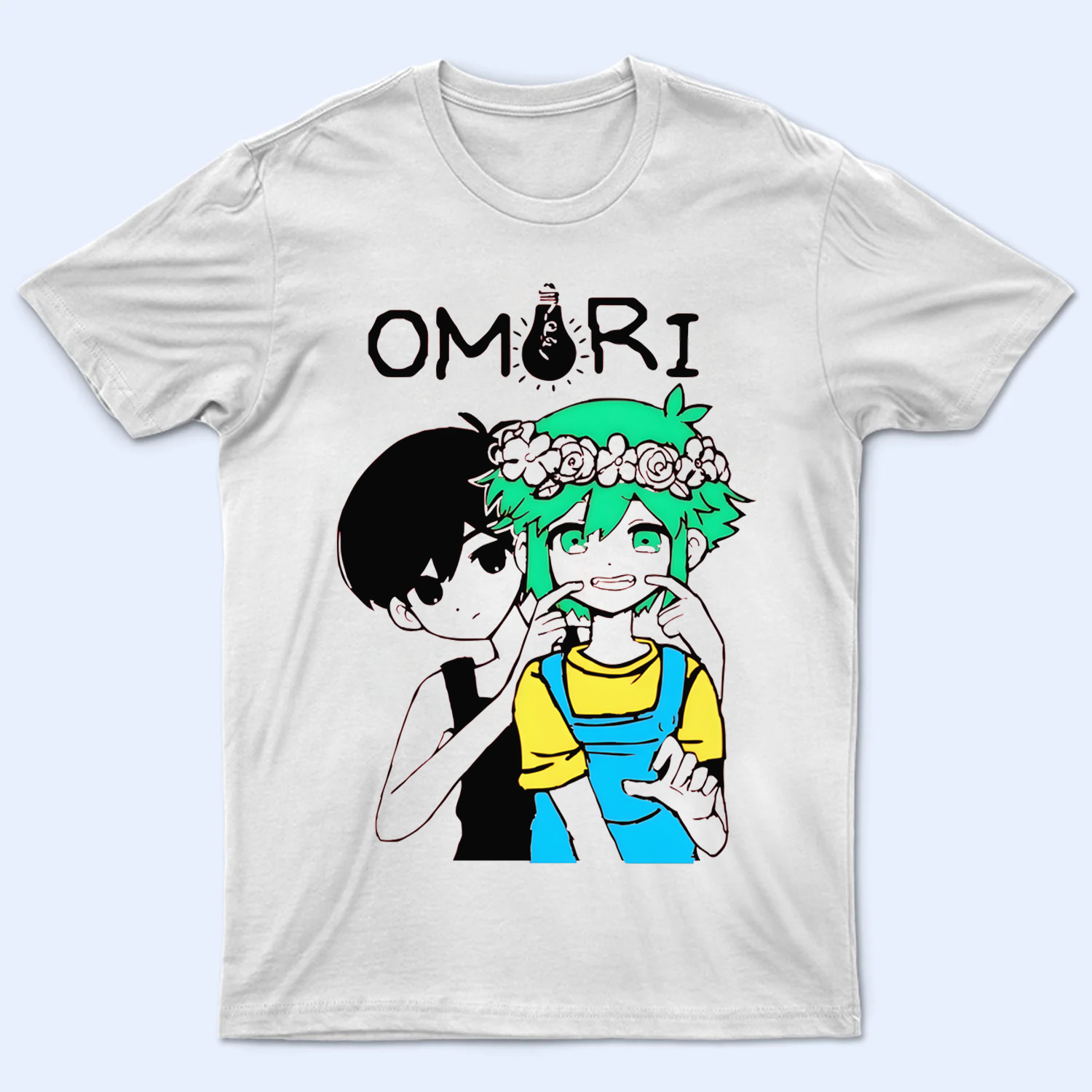 Front view of the Omori T-shirt, featuring the characters Omori and Basil. Omori shirt, Omori and Basil fan art