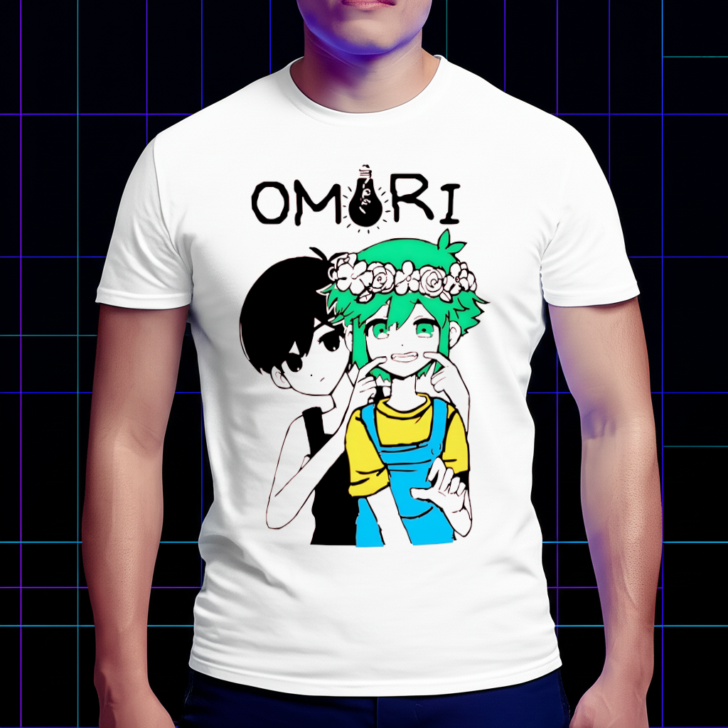 A model wearing the Omori and Basil T-shirt in a lifestyle setting, showing the comfortable fit. Game-themed clothing, tribute fan wear