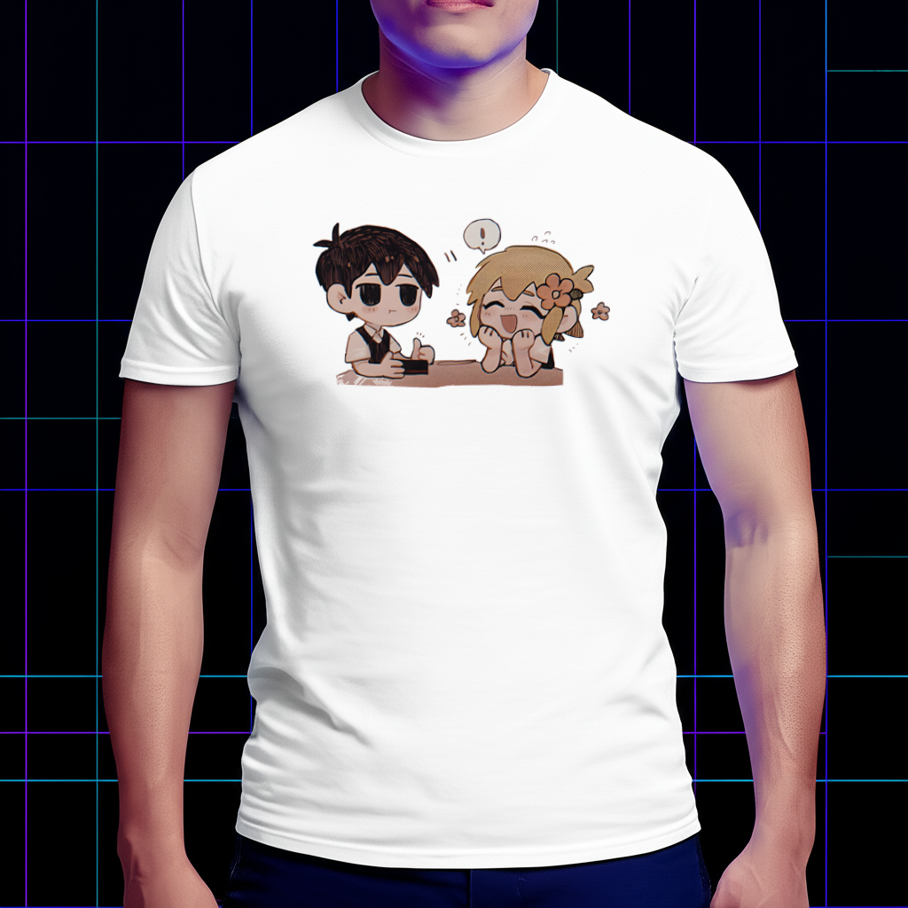 A model wearing the Omori and Basil T-shirt in a lifestyle setting, showing the comfortable fit. Game-themed clothing, tribute fan wear