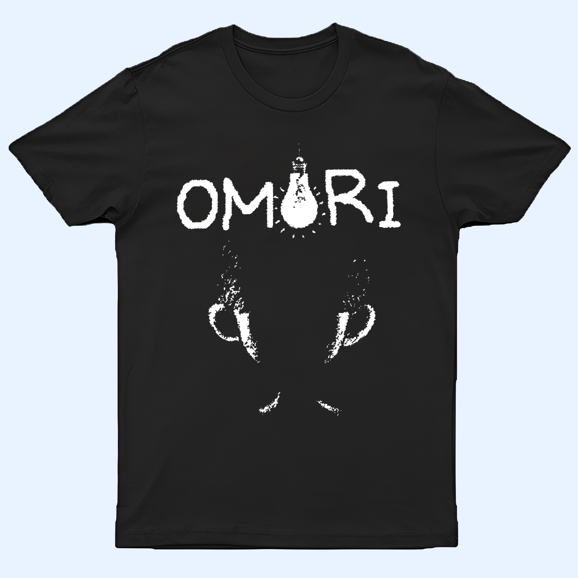 Front view of the Omori T-shirt, featuring the iconic black silhouette of the character. Omori shirt, minimalist fan apparel.