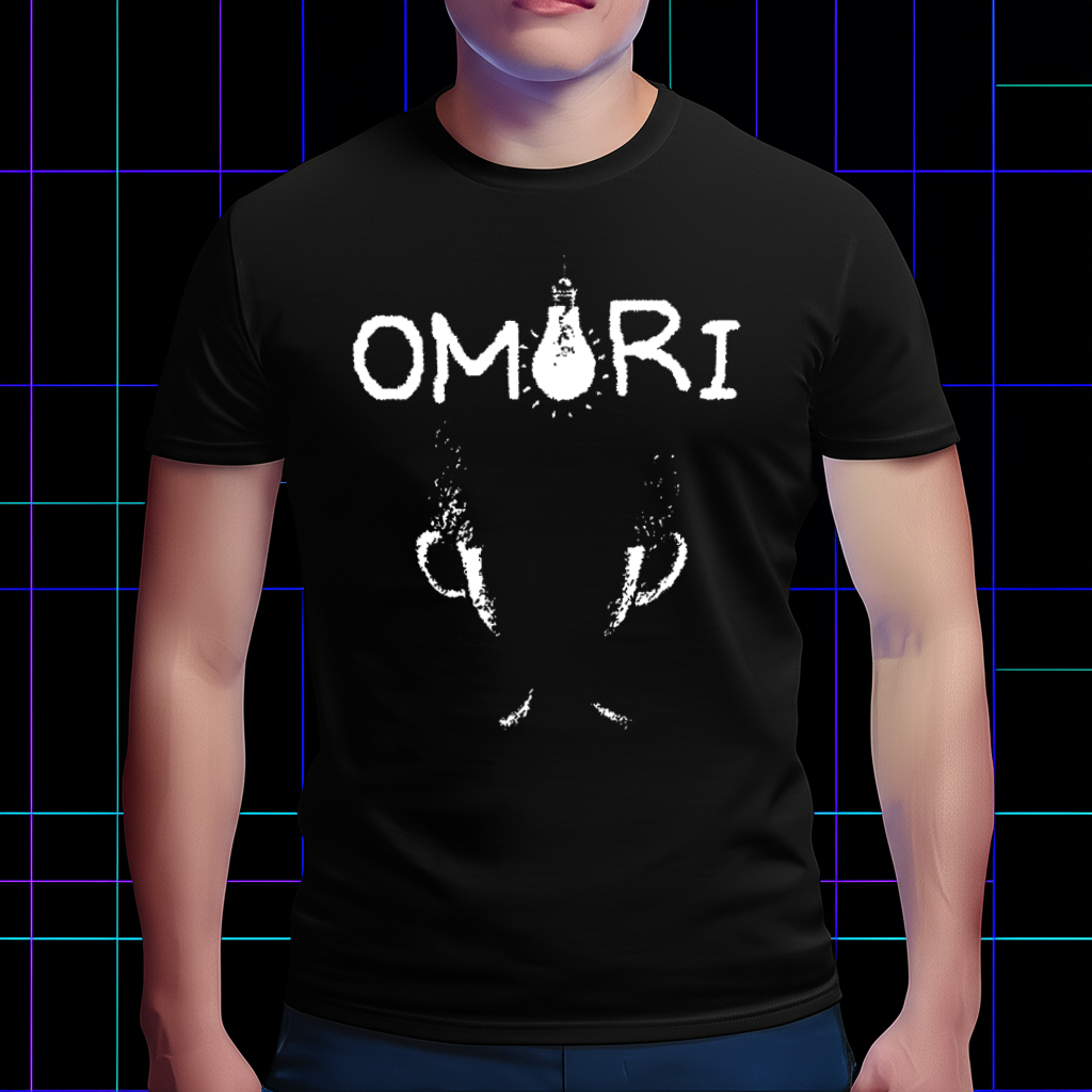 A model wearing the Omori silhouette T-shirt in a lifestyle setting, showing the comfortable fit. Omori game-themed clothing.