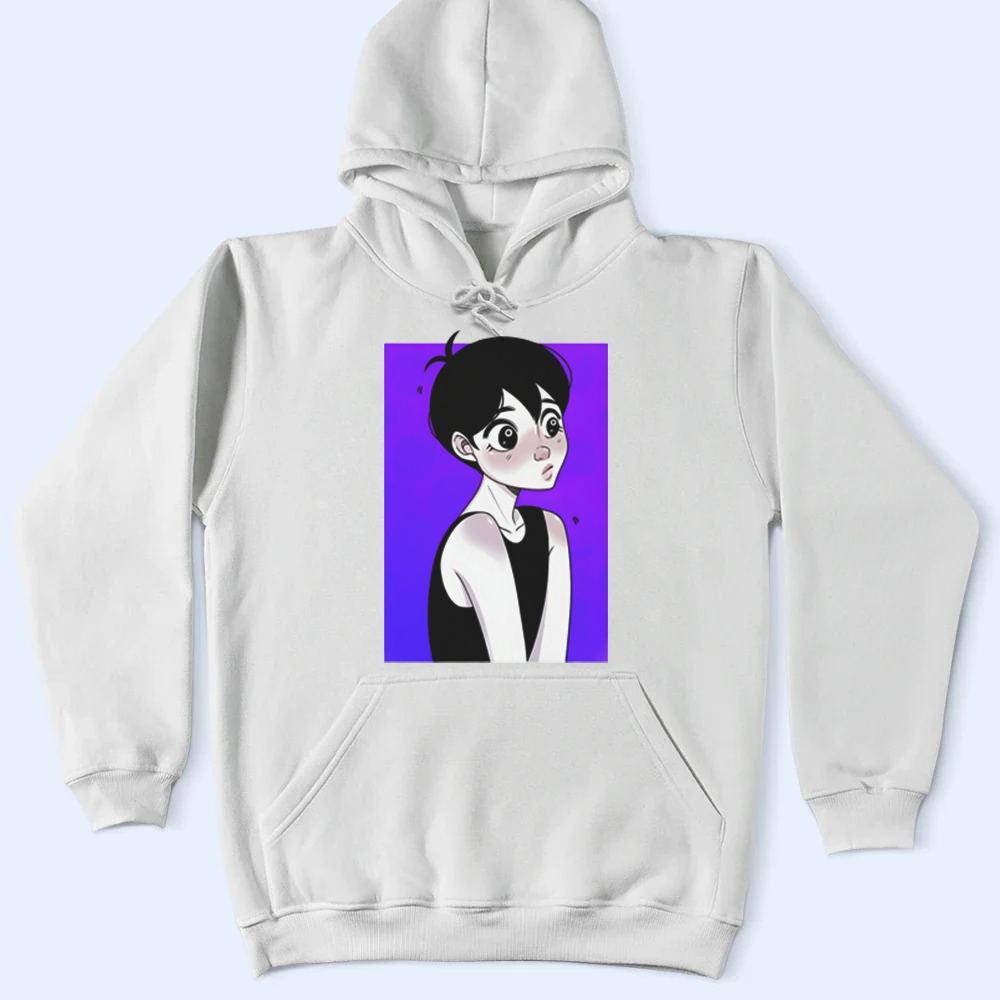 White hoodie with Omori graphic on a light purple background