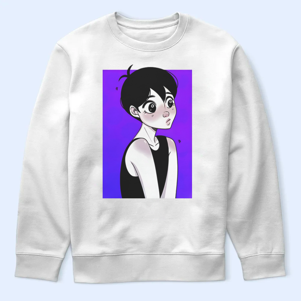 White sweatshirt with Omori character on a purple background
