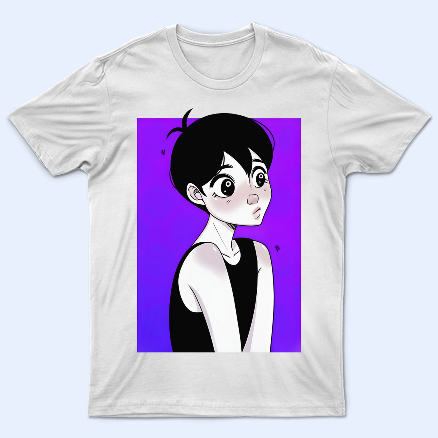 Front view of the Omori T-shirt, featuring the ominous, multi-eyed creature known as Something. Omori shirt, Something graphic tee