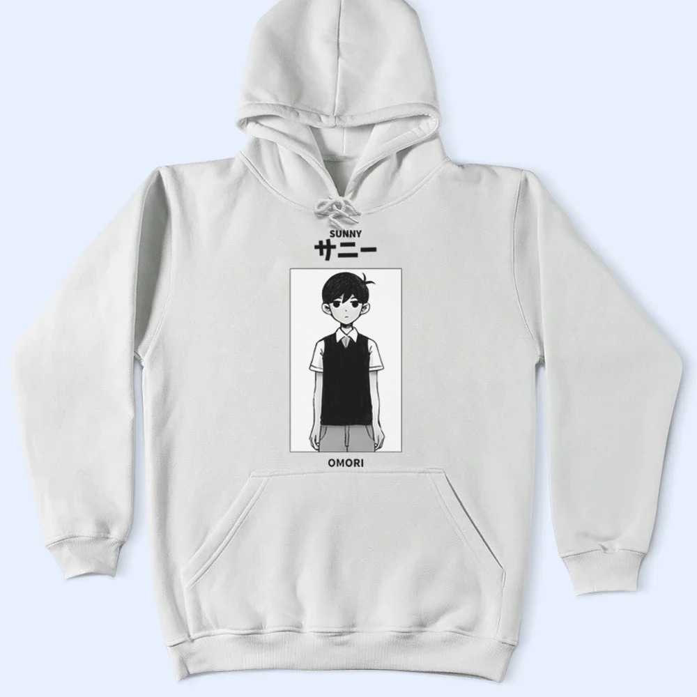 White hoodie with Sunny character graphic on a light blue background