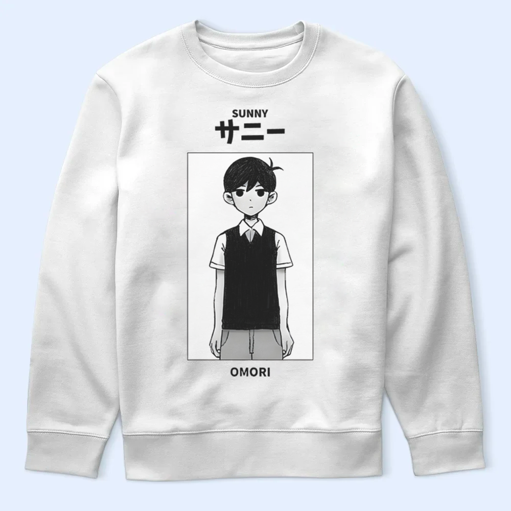 White sweatshirt with Sunny character graphic and text on a light blue background