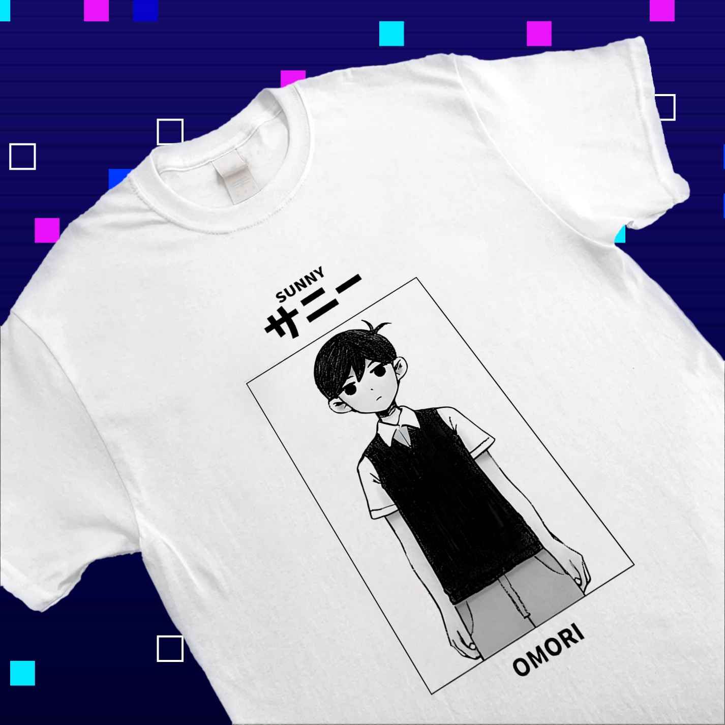 Close-up of the print on the Omori shirt, highlighting the details of Sunny's design. Omori apparel, Sunny fan art