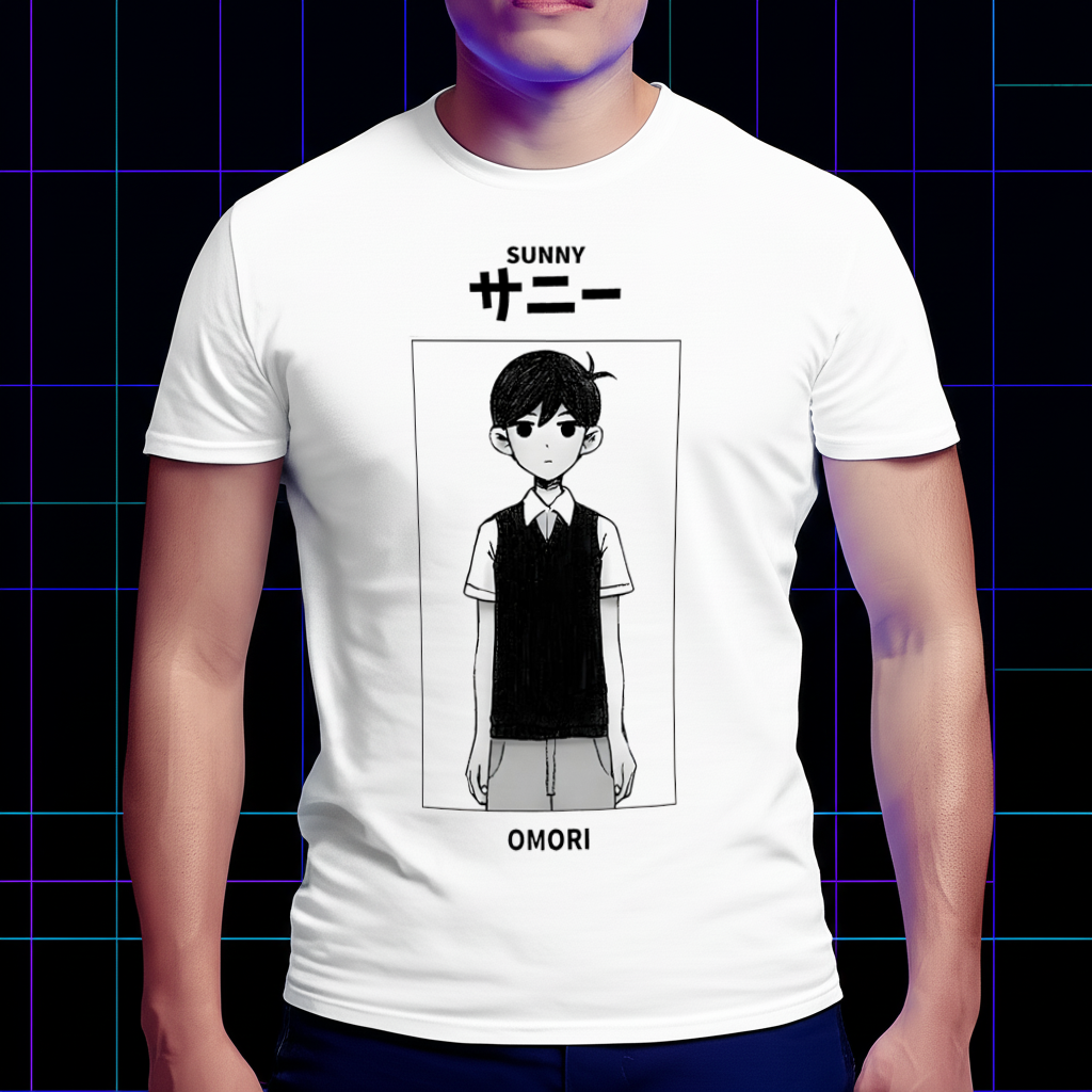 A model wearing the Omori Sunny T-shirt in a lifestyle setting, showing the comfortable fit. Game-themed clothing, tribute fan wear
