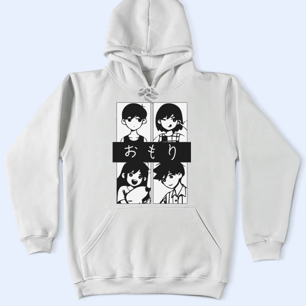White hoodie with black and white Omori design on a light blue background