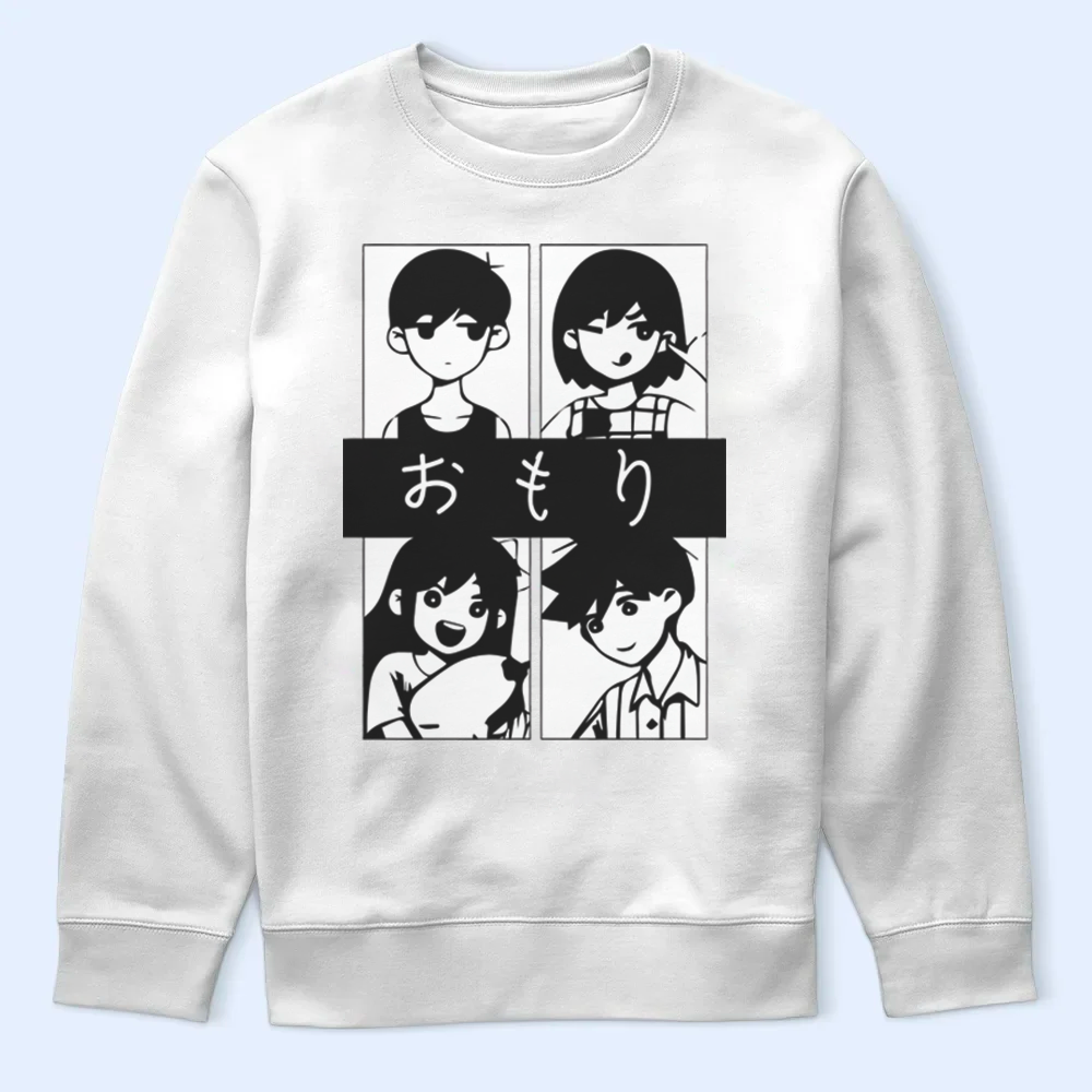 White sweatshirt with black and white illustrations of Omori on a light blue background