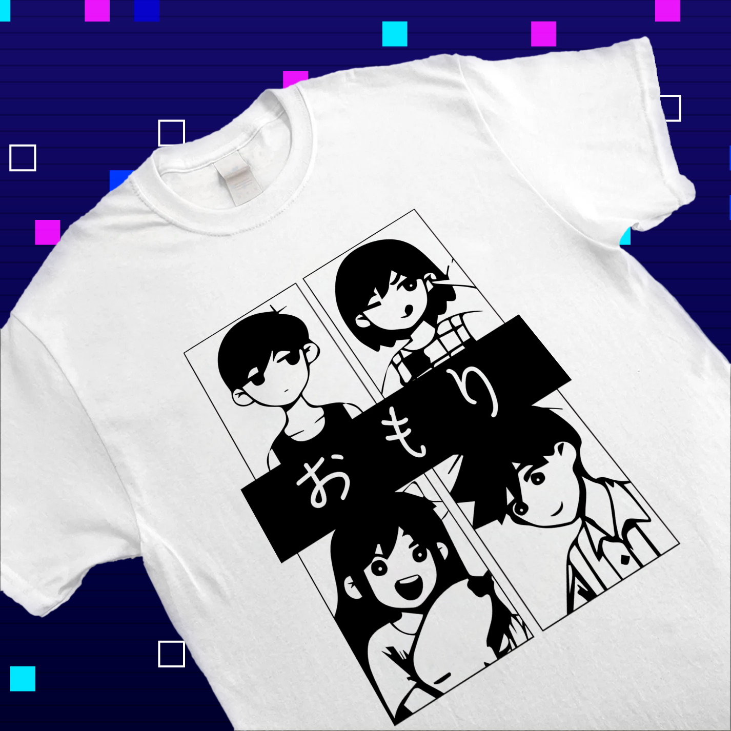 Close-up shot of the Omori shirt's graphic, highlighting the detailed illustrations of the character group. Omori apparel, fan art tee
