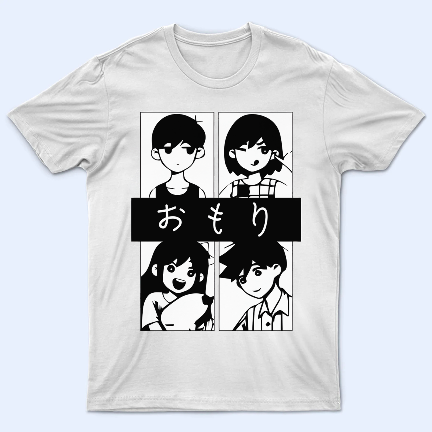 Front view of the Omori T-shirt, featuring the main characters Sunny, Aubrey, Kel, and Hero. Omori shirt, friend group