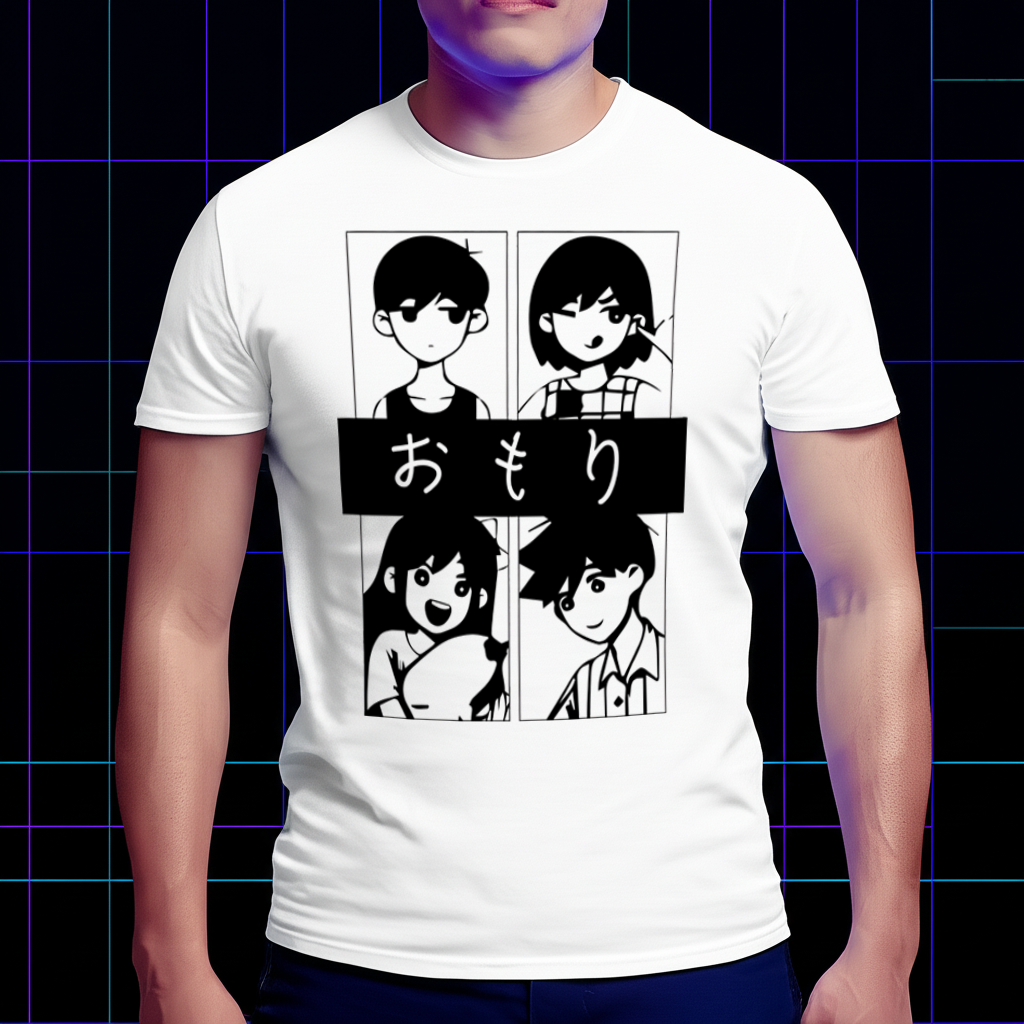 A model wearing the Omori friend group T-shirt in a lifestyle setting, showing the comfortable fit. Game-themed clothing, friend group fan wear