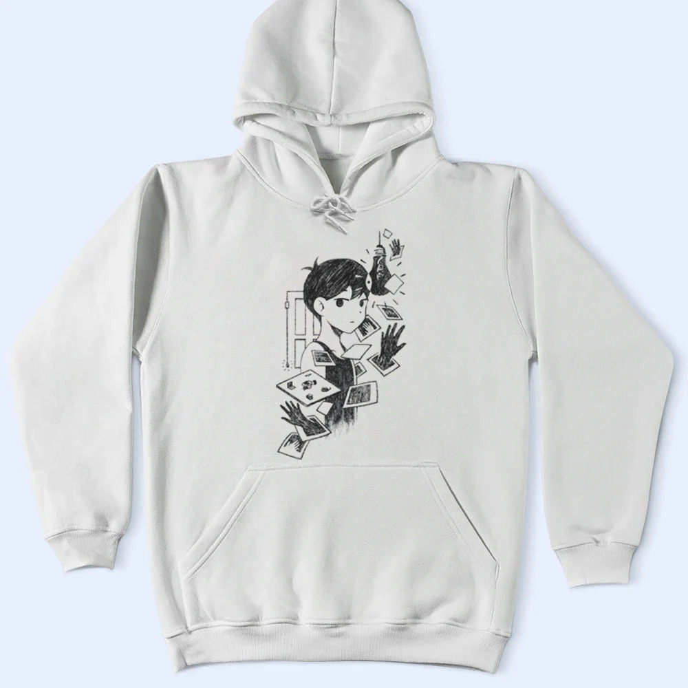 White hoodie with black Omori design on a light blue background
