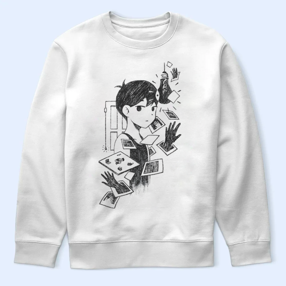 White sweatshirt with black Omori design on a light blue background