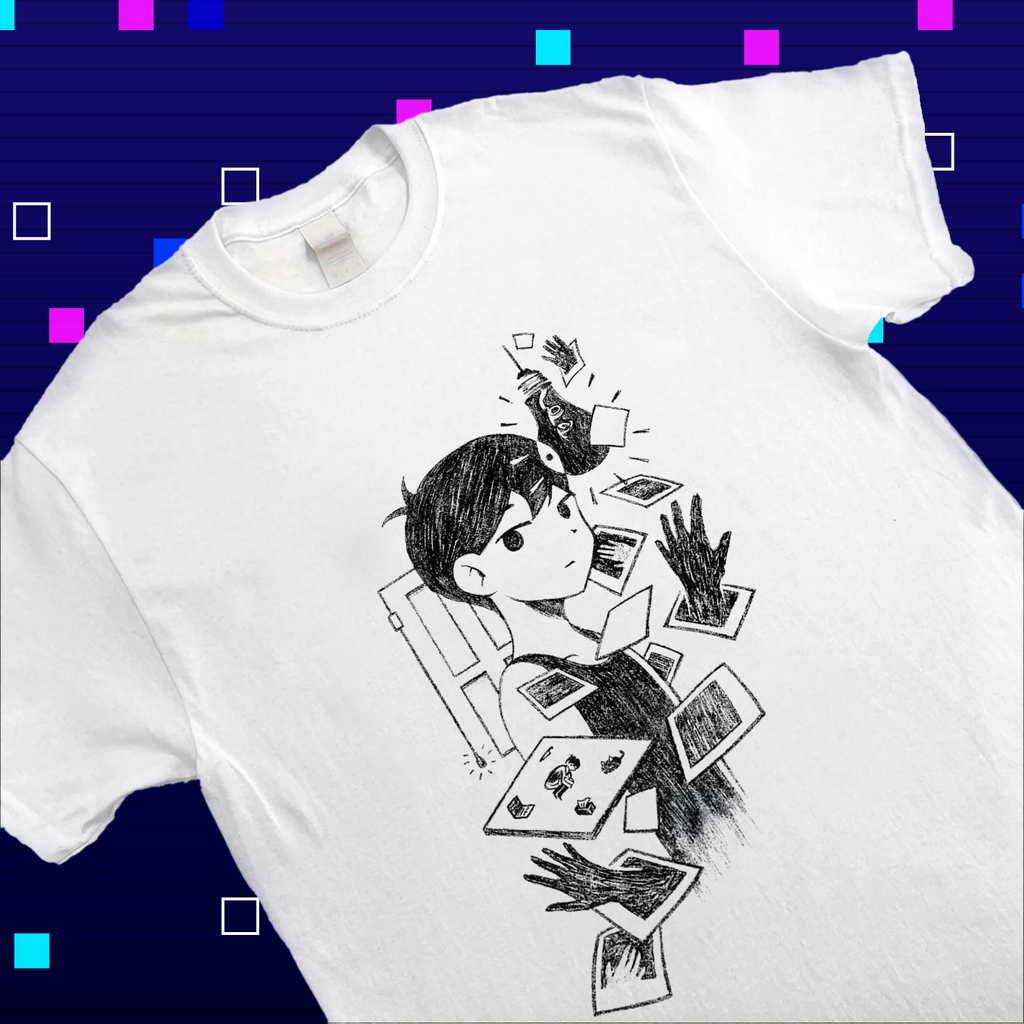 Close-up of the print on the Omori shirt, showing the clean lines and crisp detail of the White Space-inspired design