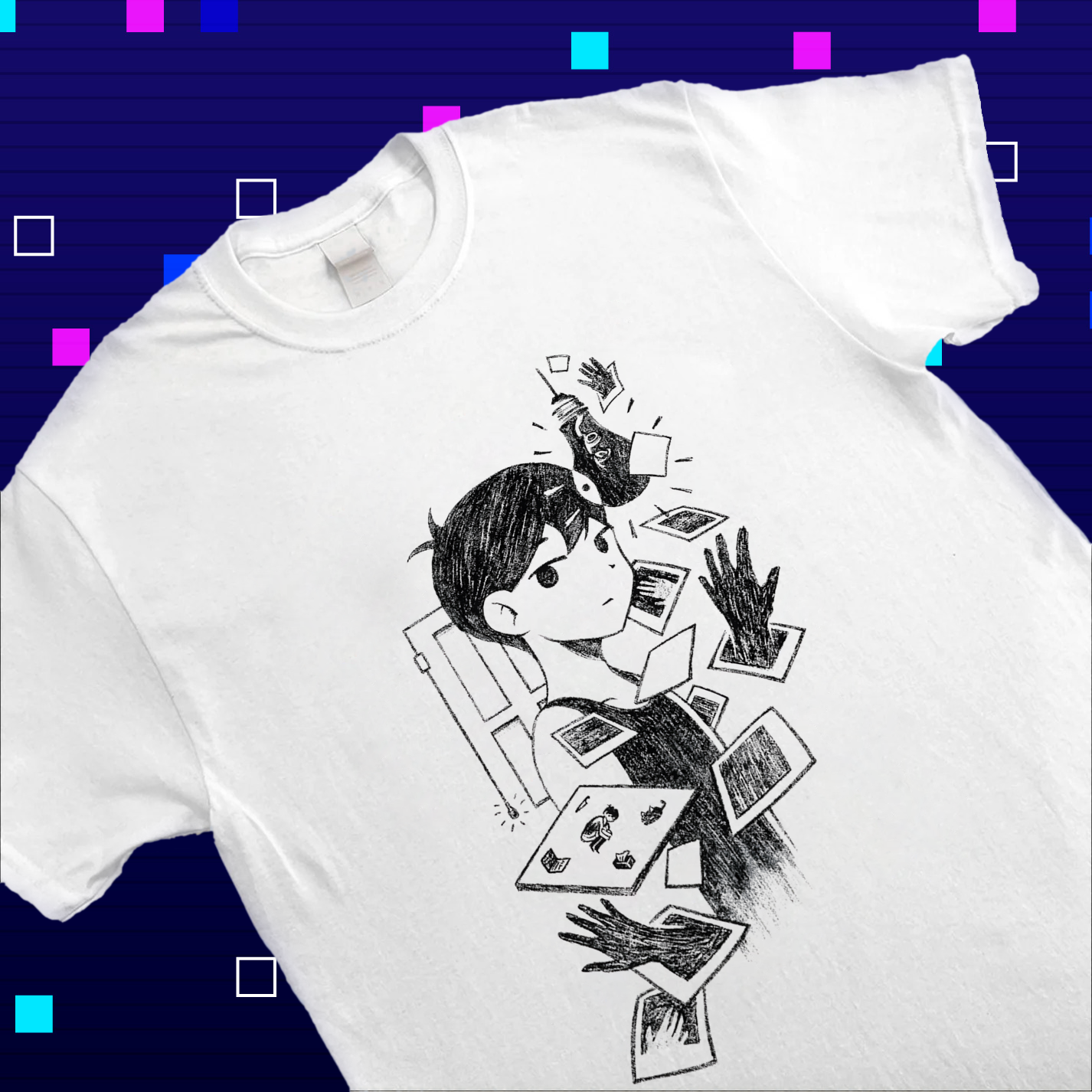 Close-up of the print on the Omori shirt, showing the clean lines and crisp detail of the White Space-inspired design
