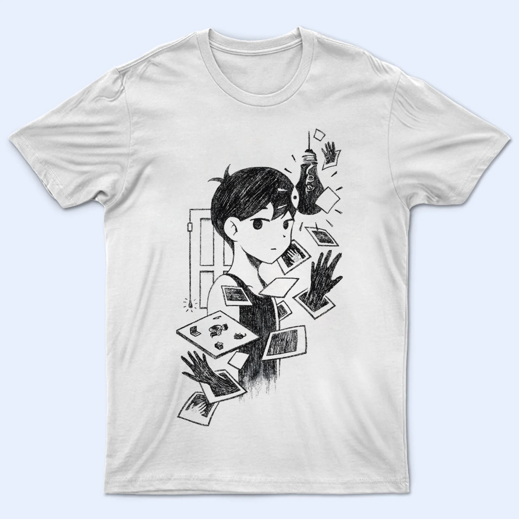 Front view of the Omori White Space T-shirt, featuring a single lightbulb and a cat figure in a minimalist white void. Omori shirt, White Space art